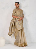 Monjolika Fashion Tissue Linen Beige Color Woven Classic Saree | Grocsy