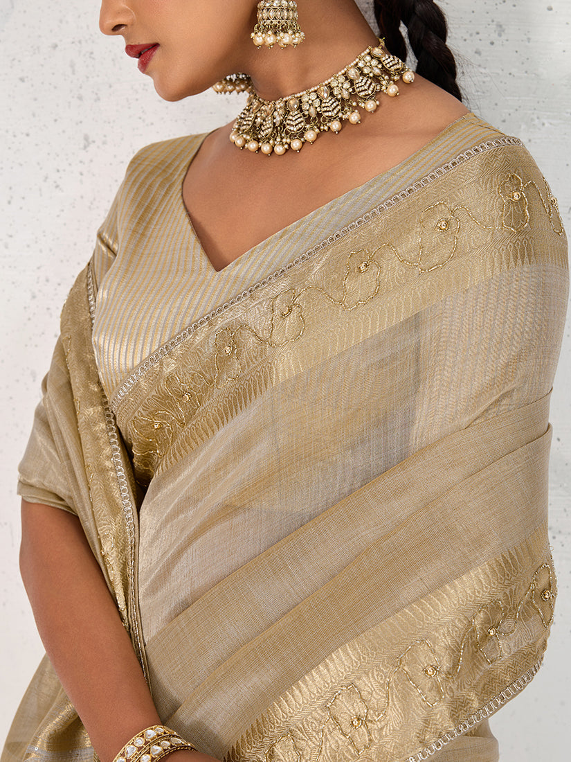 Monjolika Fashion Tissue Linen Beige Color Woven Classic Saree | Grocsy