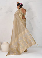 Monjolika Fashion Tissue Linen Beige Color Woven Classic Saree | Grocsy