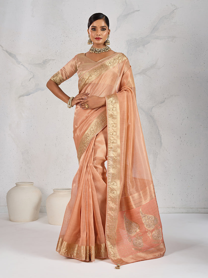 Monjolika Fashion Tissue Linen Peach Color Woven Classic Saree | Grocsy