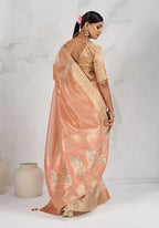 Monjolika Fashion Tissue Linen Peach Color Woven Classic Saree | Grocsy