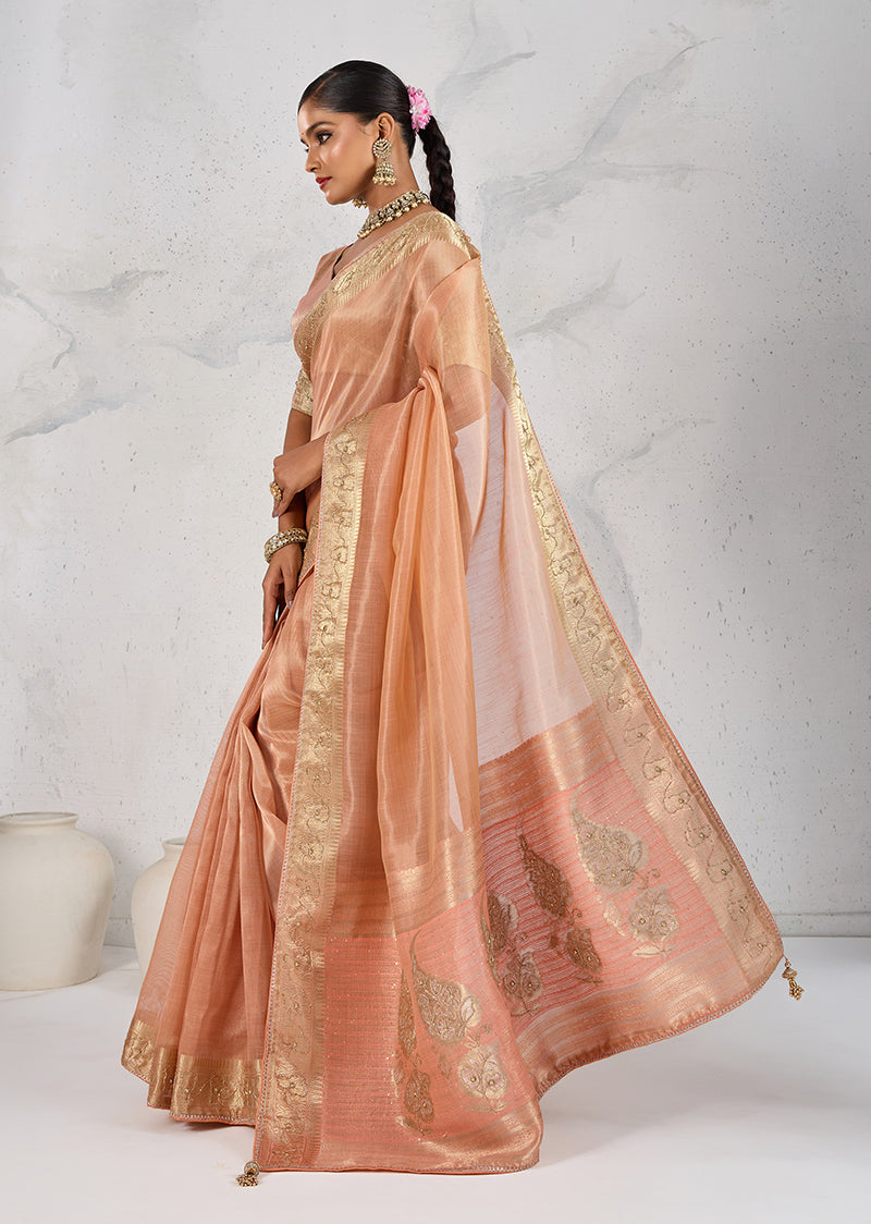 Monjolika Fashion Tissue Linen Peach Color Woven Classic Saree | Grocsy