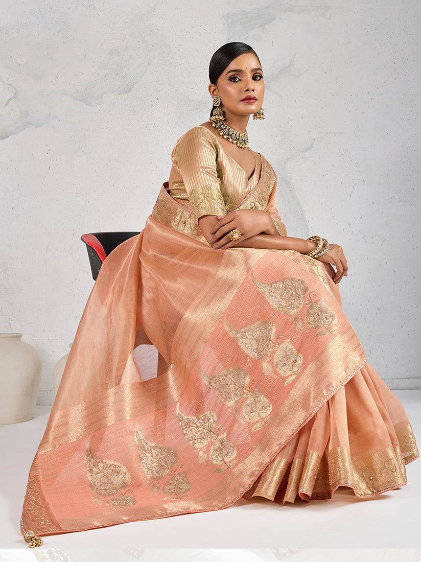 Monjolika Fashion Tissue Linen Peach Color Woven Classic Saree | Grocsy