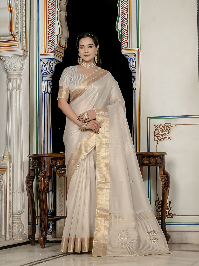 Monjolika Fashion Silver Color Tissue Linen Khatli Hand Work Designer Saree | Grocsy