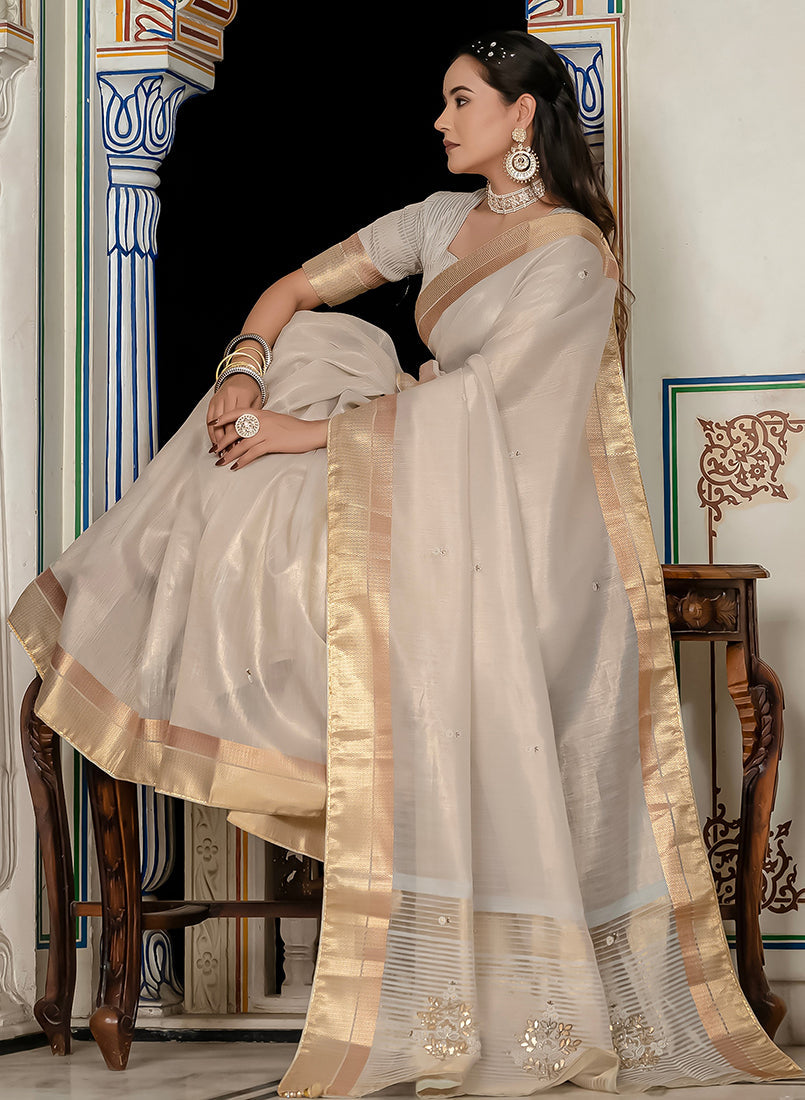 Monjolika Fashion Silver Color Tissue Linen Khatli Hand Work Designer Saree | Grocsy