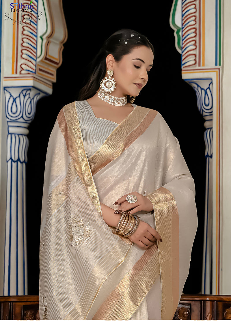 Monjolika Fashion Silver Color Tissue Linen Khatli Hand Work Designer Saree | Grocsy