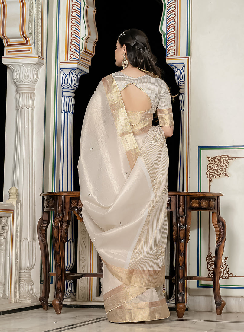 Monjolika Fashion Silver Color Tissue Linen Khatli Hand Work Designer Saree | Grocsy