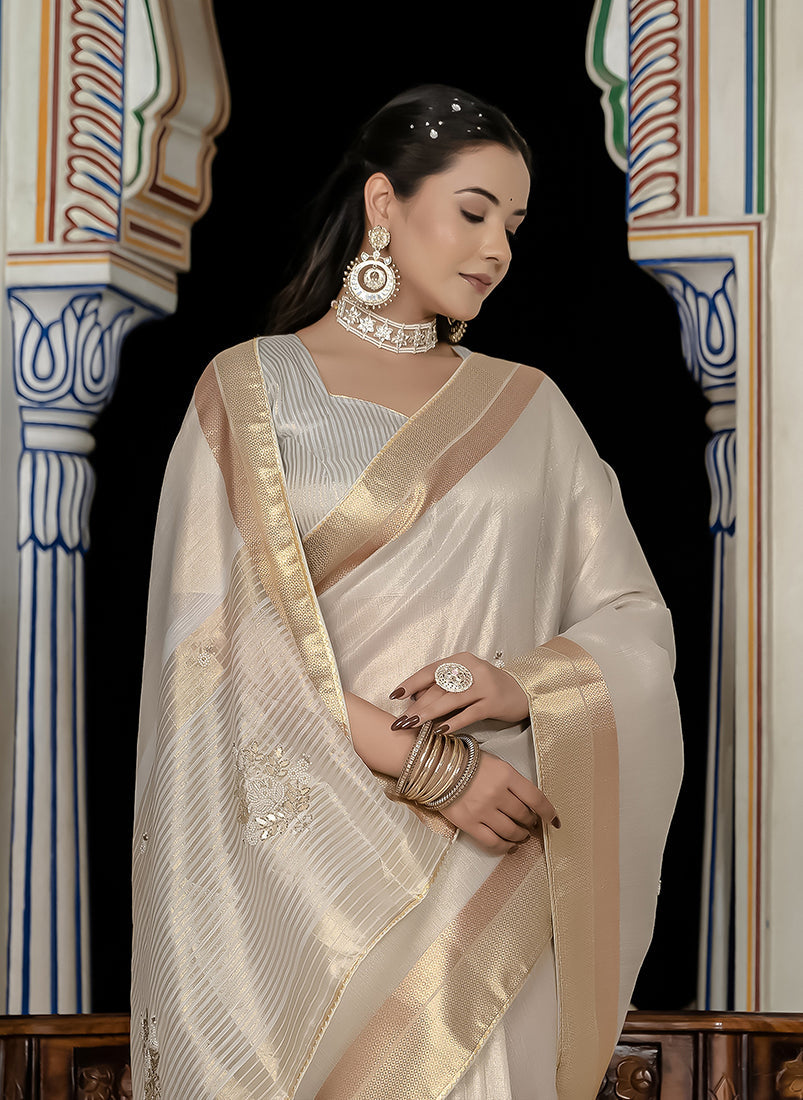 Monjolika Fashion Silver Color Tissue Linen Khatli Hand Work Designer Saree | Grocsy