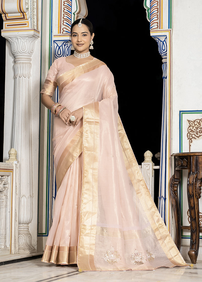 Monjolika Fashion Light Pink Color Tissue Linen Khatli Hand Work Designer Saree | Grocsy