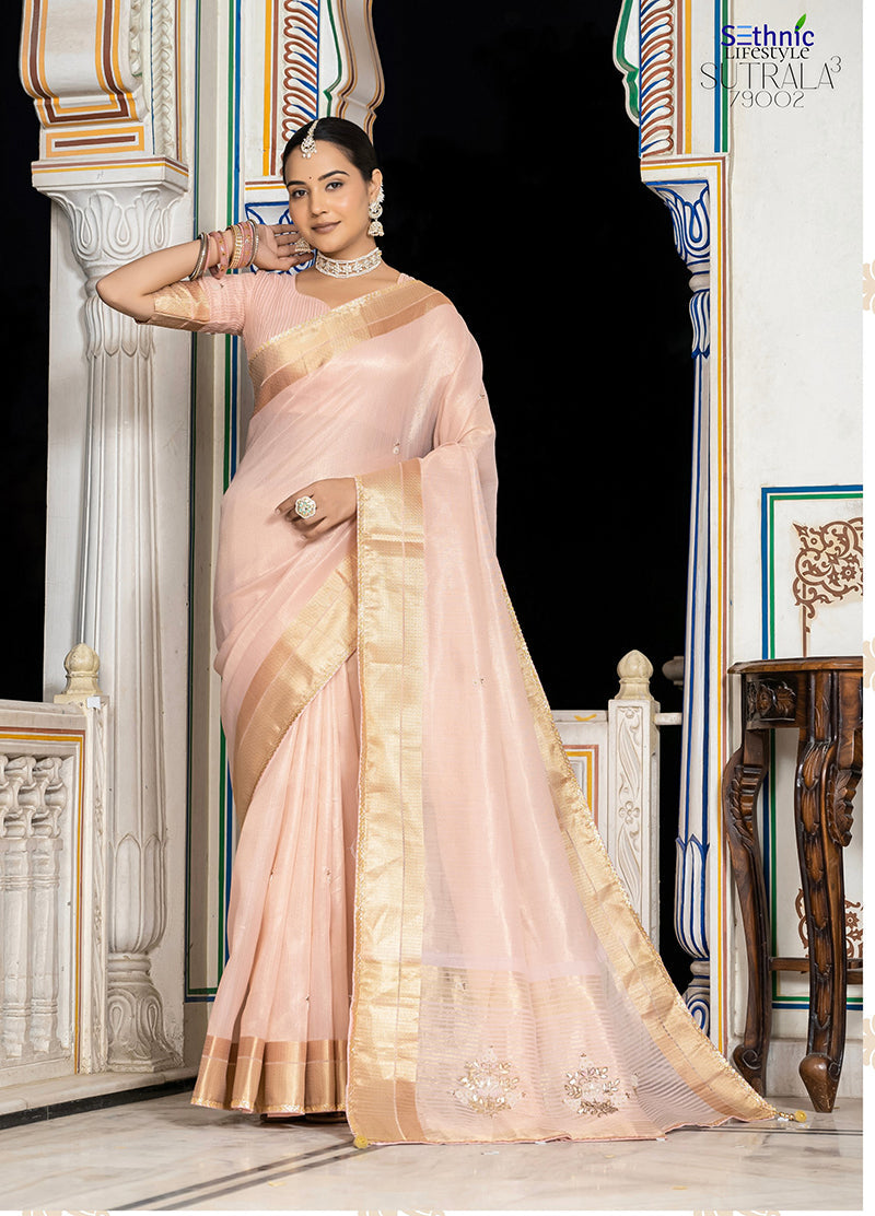 Monjolika Fashion Light Pink Color Tissue Linen Khatli Hand Work Designer Saree | Grocsy