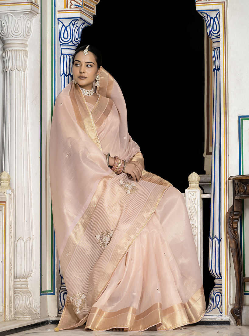 Monjolika Fashion Light Pink Color Tissue Linen Khatli Hand Work Designer Saree | Grocsy