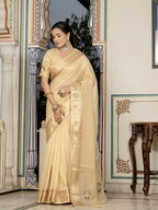 Monjolika Fashion Light Yellow Color Tissue Linen Khatli Hand Work Designer Saree | Grocsy