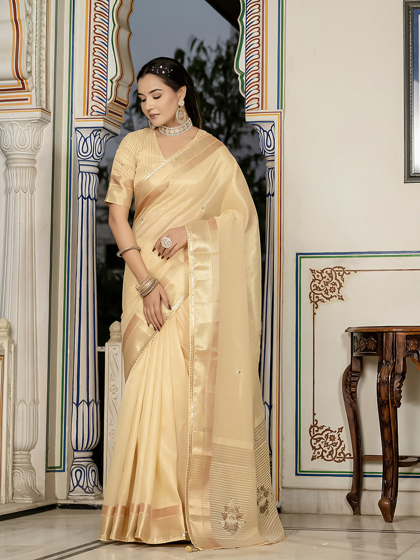 Monjolika Fashion Light Yellow Color Tissue Linen Khatli Hand Work Designer Saree | Grocsy