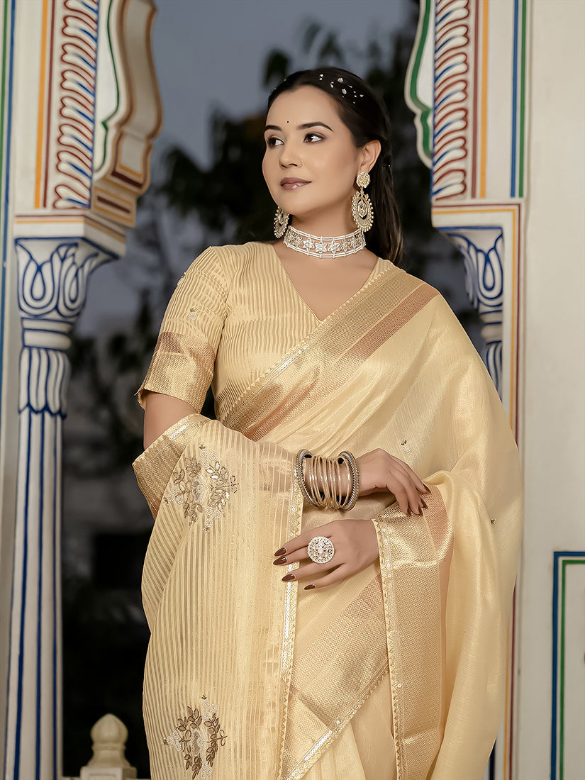 Monjolika Fashion Light Yellow Color Tissue Linen Khatli Hand Work Designer Saree | Grocsy