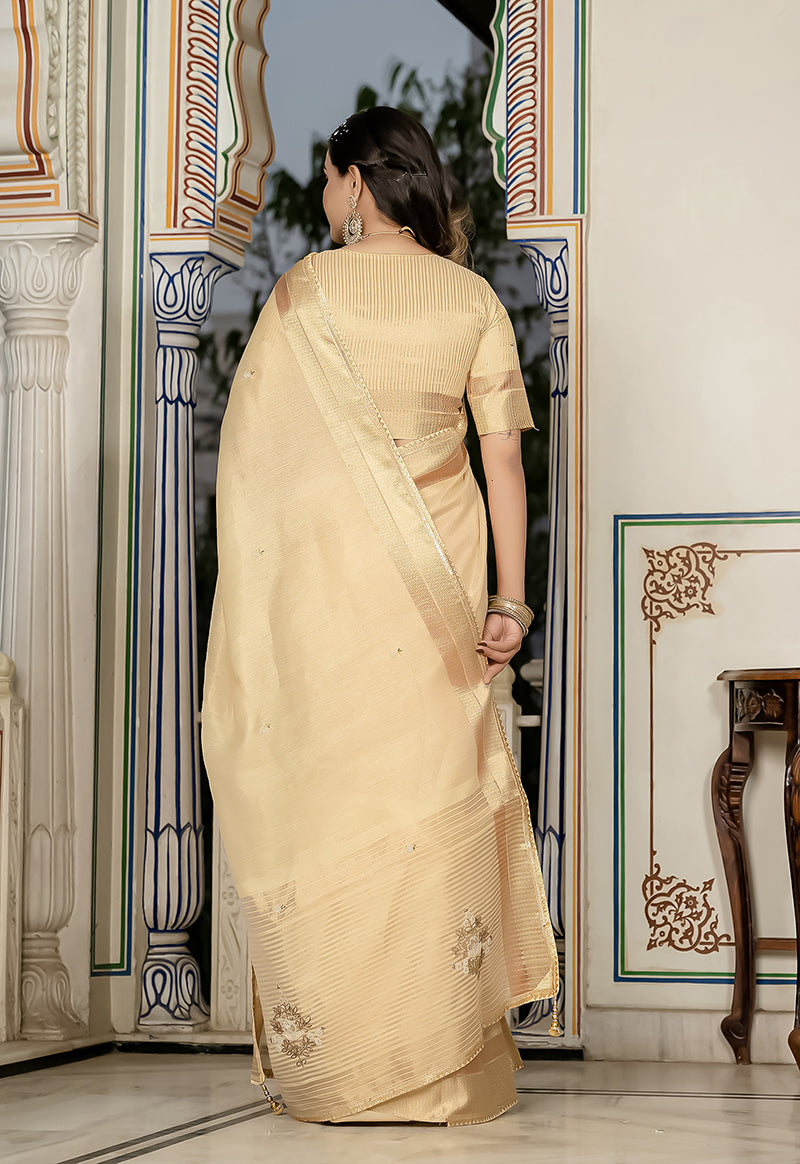 Monjolika Fashion Light Yellow Color Tissue Linen Khatli Hand Work Designer Saree | Grocsy
