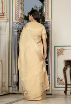 Monjolika Fashion Light Yellow Color Tissue Linen Khatli Hand Work Designer Saree | Grocsy
