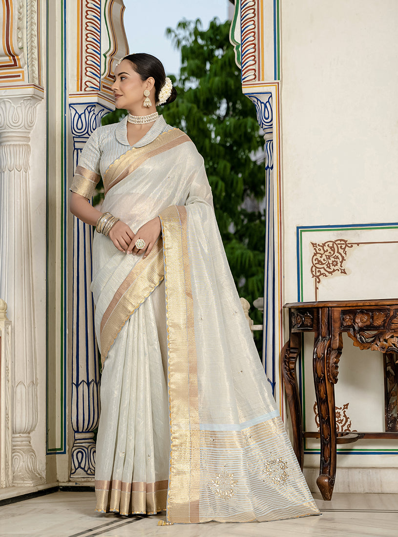 Monjolika Fashion Light Grey Color Tissue Linen Khatli Hand Work Designer Saree | Grocsy