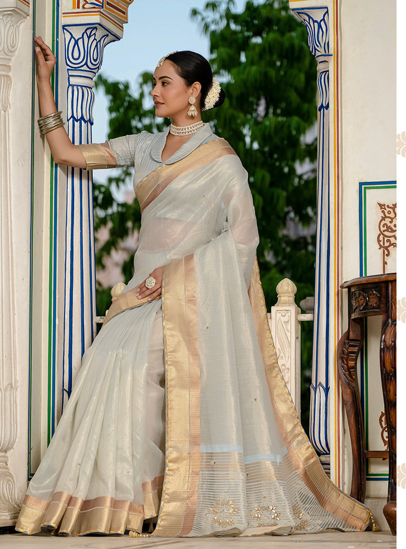 Monjolika Fashion Light Grey Color Tissue Linen Khatli Hand Work Designer Saree | Grocsy