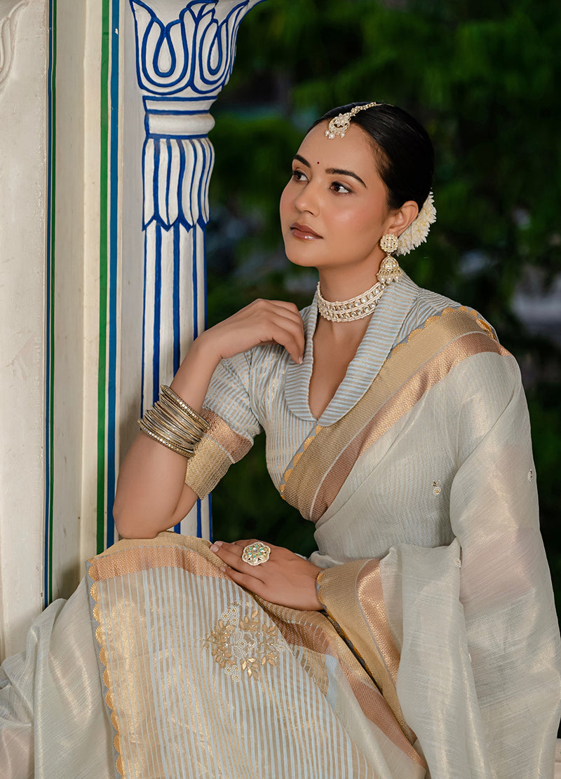 Monjolika Fashion Light Grey Color Tissue Linen Khatli Hand Work Designer Saree | Grocsy