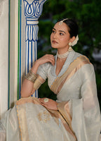 Monjolika Fashion Light Grey Color Tissue Linen Khatli Hand Work Designer Saree | Grocsy