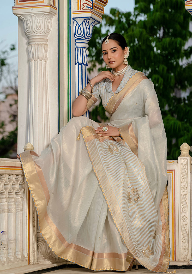 Monjolika Fashion Light Grey Color Tissue Linen Khatli Hand Work Designer Saree | Grocsy