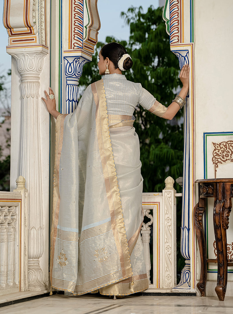 Monjolika Fashion Light Grey Color Tissue Linen Khatli Hand Work Designer Saree | Grocsy