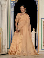 Monjolika Fashion Light Peach Color Tissue Linen Khatli Hand Work Designer Saree | Grocsy