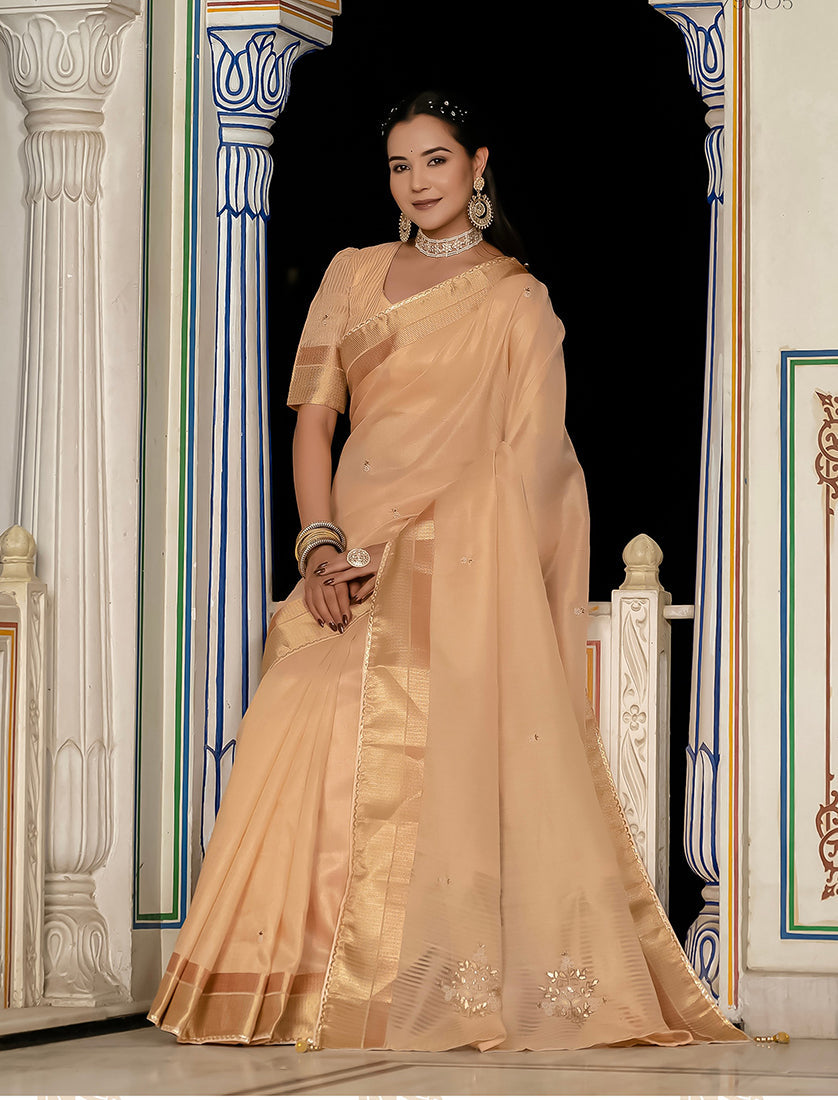 Monjolika Fashion Light Peach Color Tissue Linen Khatli Hand Work Designer Saree | Grocsy
