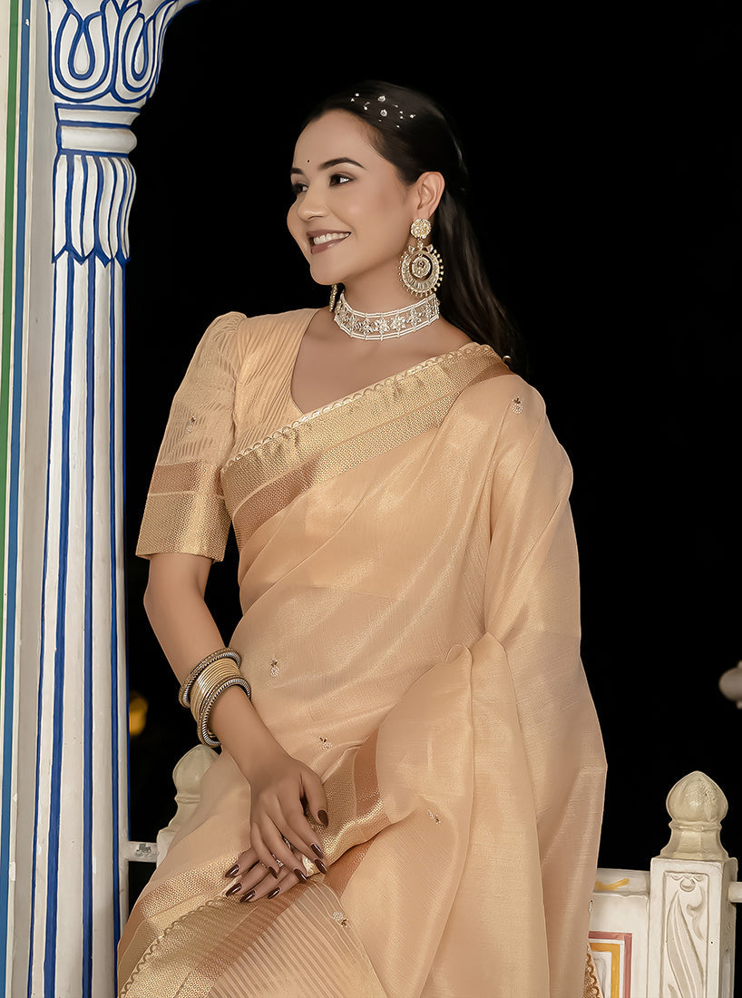 Monjolika Fashion Light Peach Color Tissue Linen Khatli Hand Work Designer Saree | Grocsy