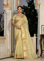 Monjolika Fashion Light Green Color Tissue Linen Khatli Hand Work Designer Saree | Grocsy