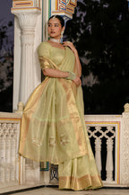 Monjolika Fashion Light Green Color Tissue Linen Khatli Hand Work Designer Saree | Grocsy