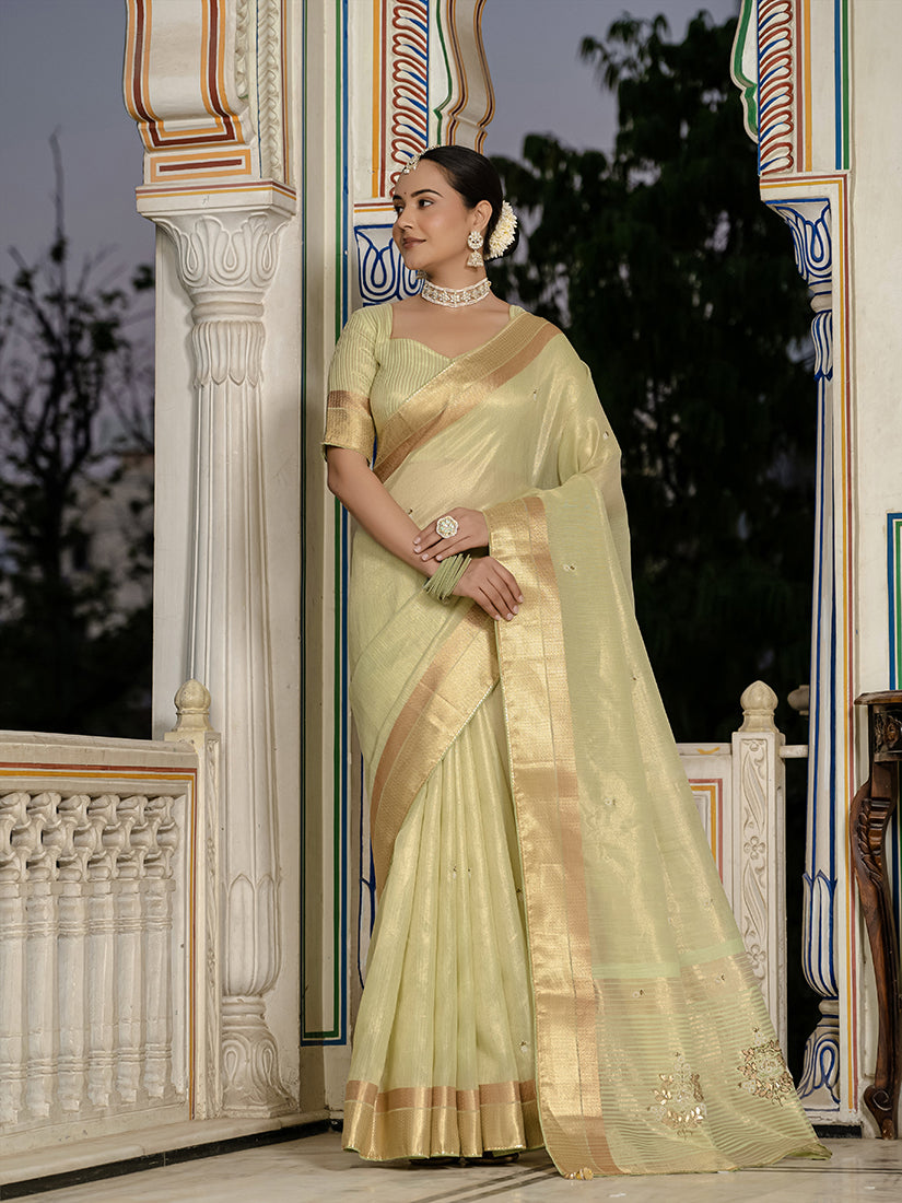 Monjolika Fashion Light Green Color Tissue Linen Khatli Hand Work Designer Saree | Grocsy