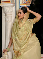 Monjolika Fashion Light Green Color Tissue Linen Khatli Hand Work Designer Saree | Grocsy