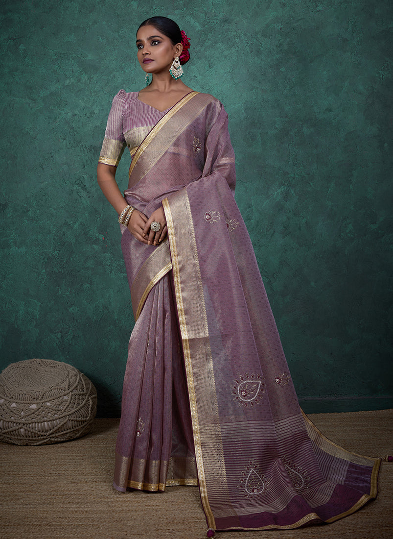 Monjolika Fashion Elegant Light Purple Color Tissue Linen Khatli Hand Work Saree | Grocsy