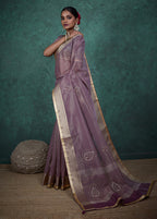 Monjolika Fashion Elegant Light Purple Color Tissue Linen Khatli Hand Work Saree | Grocsy