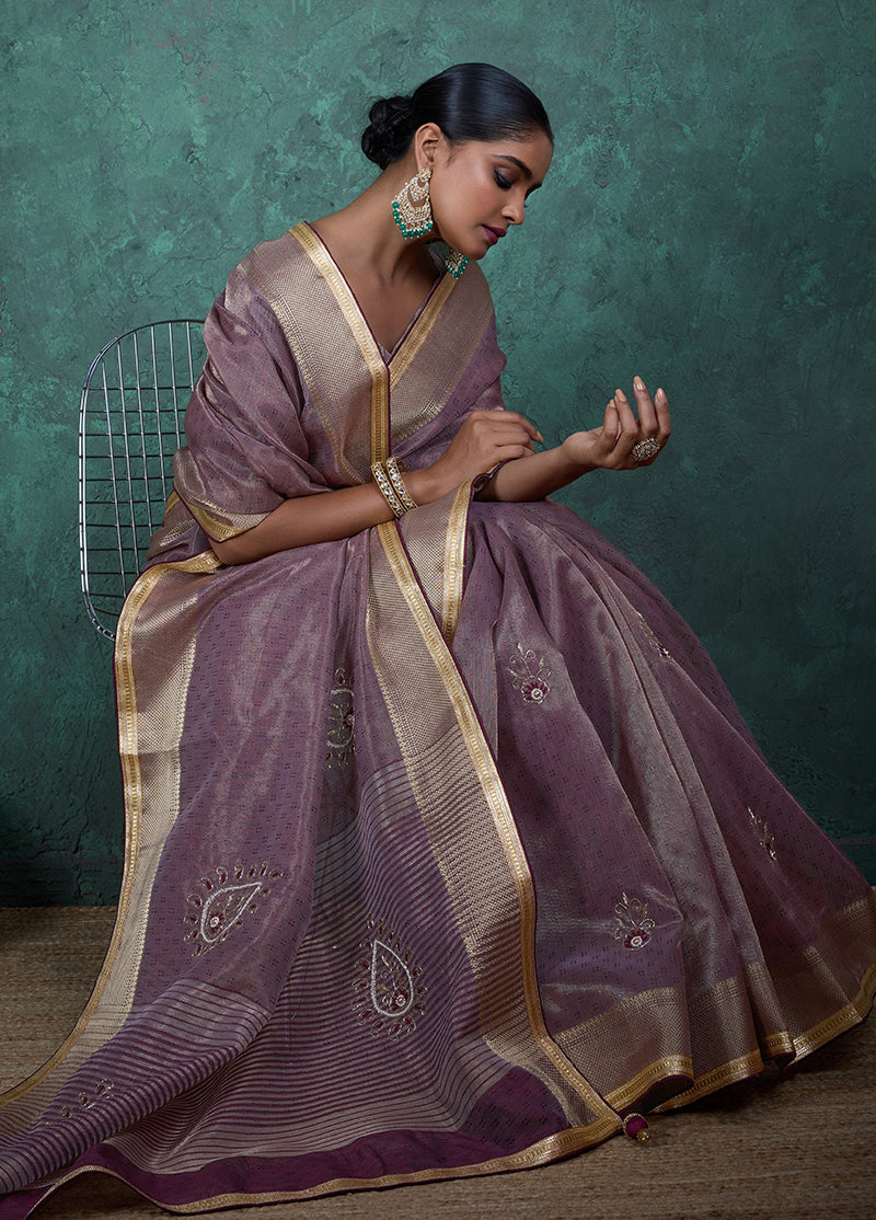 Monjolika Fashion Elegant Light Purple Color Tissue Linen Khatli Hand Work Saree | Grocsy