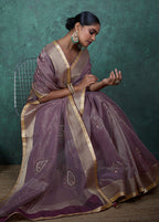 Monjolika Fashion Elegant Light Purple Color Tissue Linen Khatli Hand Work Saree | Grocsy