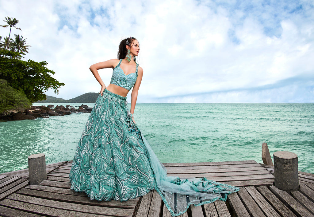 House of Panchhi Turquoise Blue Net Sequins, Zarkan And Thread Embroidery Lehenga Choli & Dupatta | Grocsy