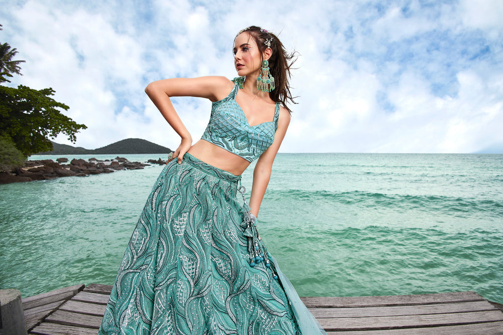 House of Panchhi Turquoise Blue Net Sequins, Zarkan And Thread Embroidery Lehenga Choli & Dupatta | Grocsy