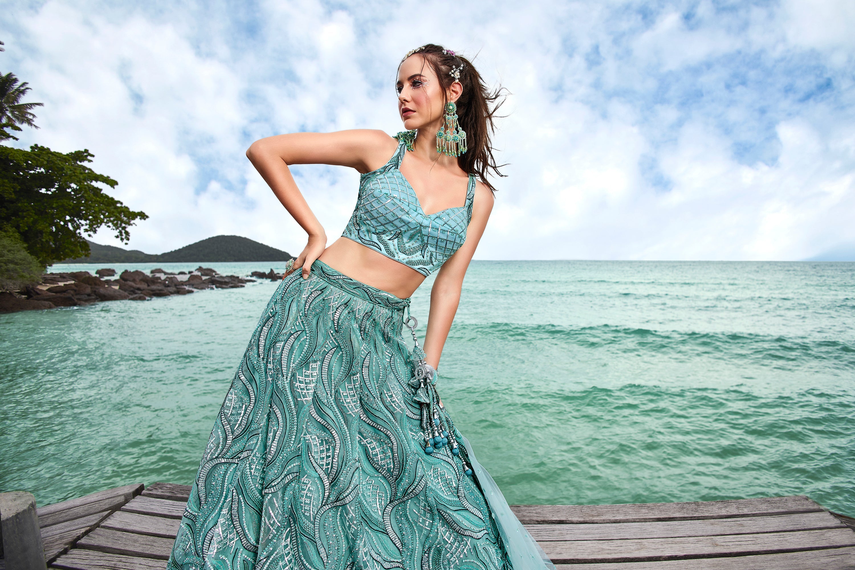 House of Panchhi Turquoise Blue Net Sequins, Zarkan And Thread Embroidery Lehenga Choli & Dupatta | Grocsy
