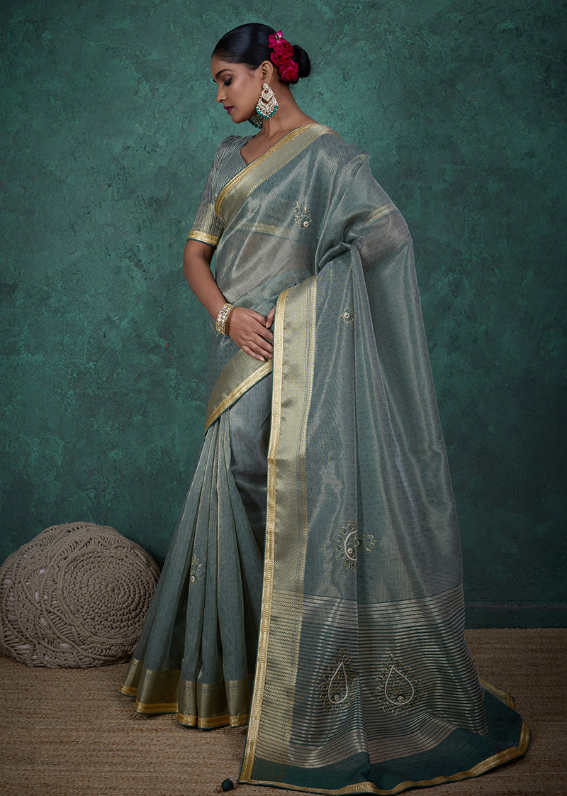 Monjolika Fashion Elegant Light Teal Color Tissue Linen Khatli Hand Work Saree | Grocsy
