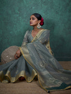 Monjolika Fashion Elegant Light Teal Color Tissue Linen Khatli Hand Work Saree | Grocsy