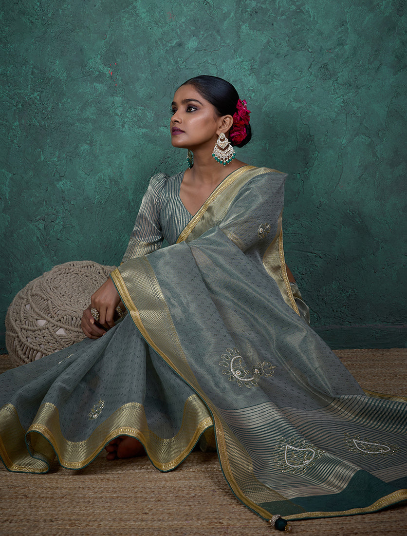 Monjolika Fashion Elegant Light Teal Color Tissue Linen Khatli Hand Work Saree | Grocsy
