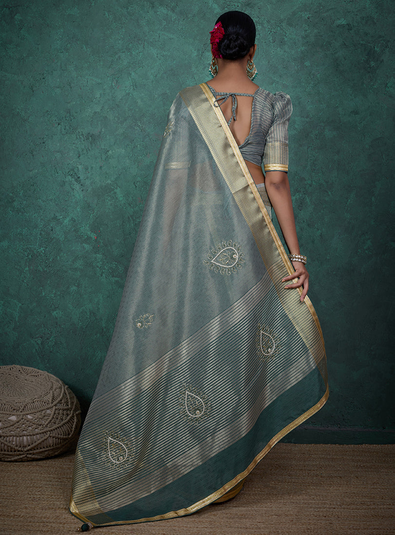 Monjolika Fashion Elegant Light Teal Color Tissue Linen Khatli Hand Work Saree | Grocsy