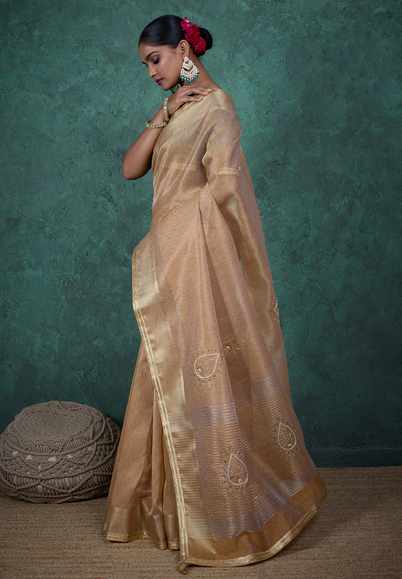 Monjolika Fashion Elegant Beige Color Tissue Linen Khatli Hand Work Saree | Grocsy