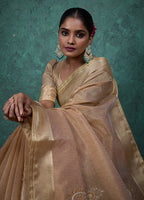 Monjolika Fashion Elegant Beige Color Tissue Linen Khatli Hand Work Saree | Grocsy
