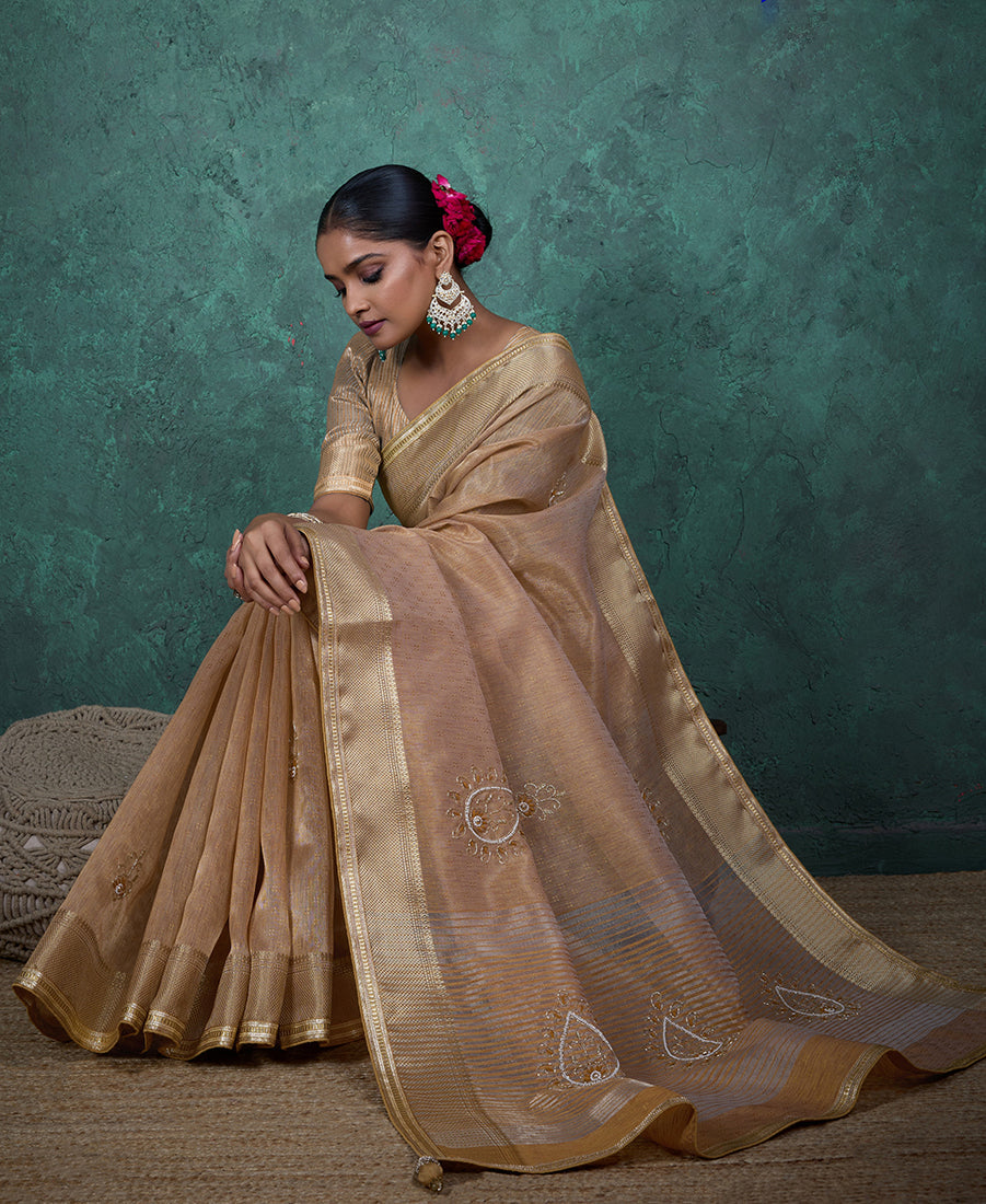 Monjolika Fashion Elegant Beige Color Tissue Linen Khatli Hand Work Saree | Grocsy