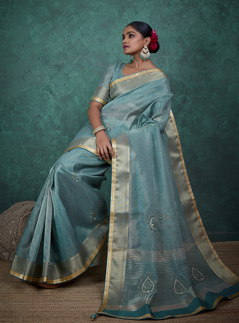 Monjolika Fashion Elegant Light Blue Color Tissue Linen Khatli Hand Work Saree | Grocsy