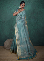 Monjolika Fashion Elegant Light Blue Color Tissue Linen Khatli Hand Work Saree | Grocsy