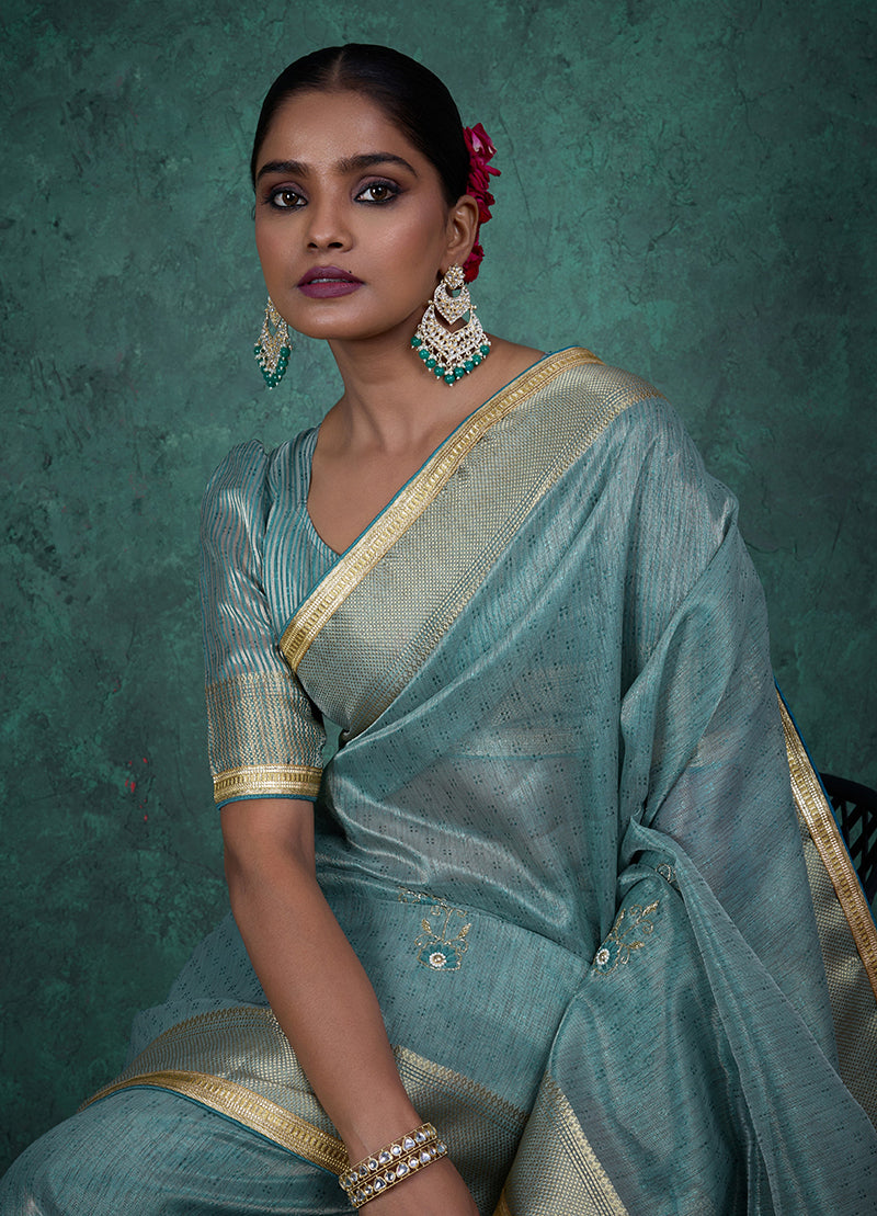 Monjolika Fashion Elegant Light Blue Color Tissue Linen Khatli Hand Work Saree | Grocsy